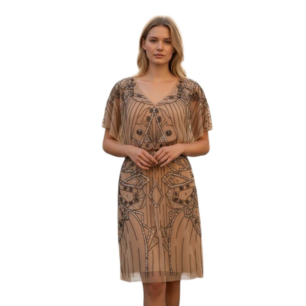 Aidan Mattox Beaded V-Neck Cocktail Mini Dress Nude Silver Women's Size 12